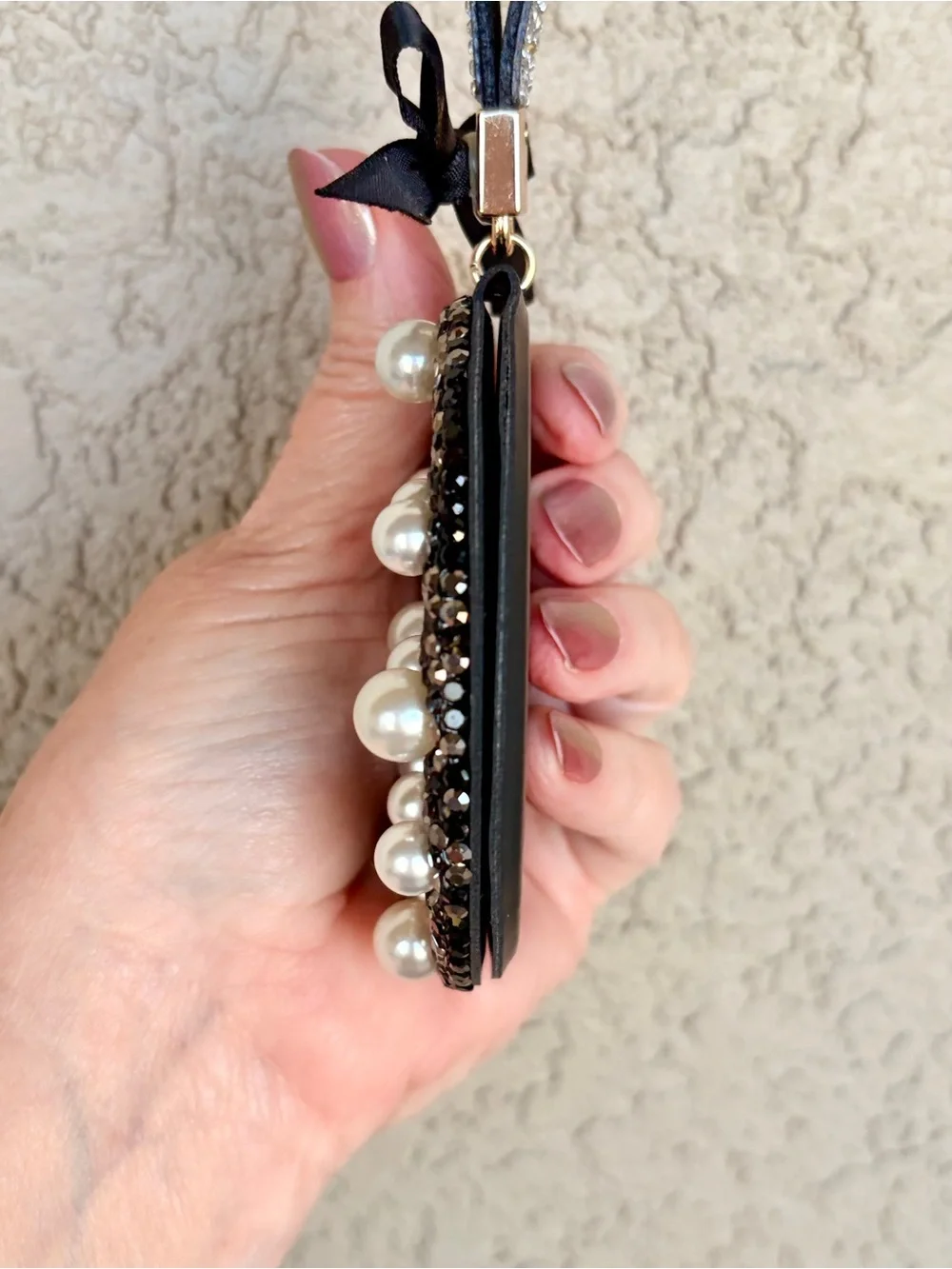 Sparkling Black Rhinestone & Pearl Dual Sided Mirror/Keychain/Bag Charm